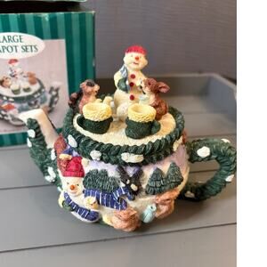 NWT C&F Enterprises Christmas Snowman & Woodland Animals Teapot Figurine